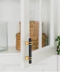 Black And Gold Cabinet Pulls 30 Pack With 3 Inch Hole Center Square Handles installed on white cabinet, scratch resistant finish.