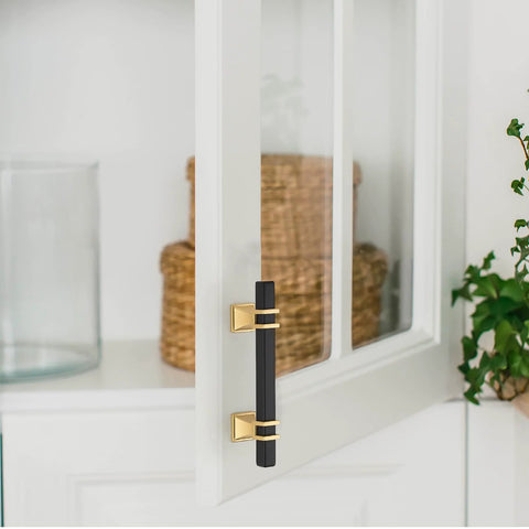 Black And Gold Cabinet Pulls 30 Pack With 3 Inch Hole Center Square Handles installed on white cabinet, scratch resistant finish.