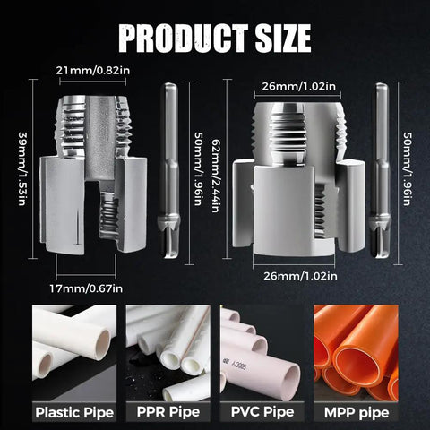 Heavy Duty Electric Drill Pipe Threader Kit For 1/2 Inch And 3/4 Inch PVC Pipes With Multi-Size Dies, product sizes visuals.