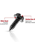 Heavy Duty License Plate Screws With Rustproof Finish Black Stainless Steel Bolt Kit showing wide head and slotted hex drive.