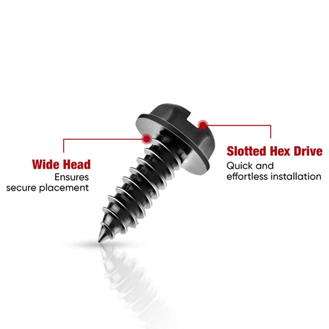 Heavy Duty License Plate Screws With Rustproof Finish Black Stainless Steel Bolt Kit showing wide head and slotted hex drive.
