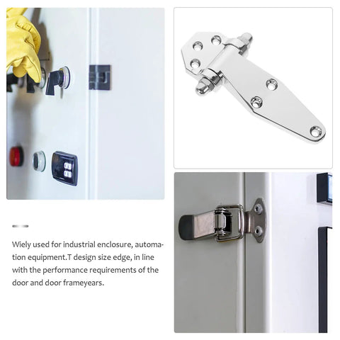 Heavy Duty T Type Door Hinges For Industrial Enclosures And Equipment, Rugged Metal Cabinet Hinges With Screws shown installed