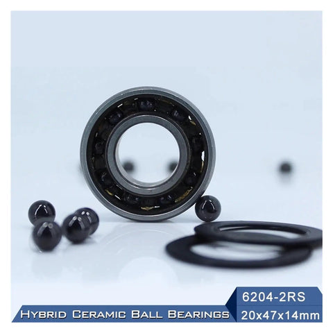 Top Quality 6204 Hybrid Ceramic Bearing 20x47x14mm Sealed Deep Groove Design with visible black balls and seals.