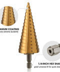 Pro Grade 3 Piece Step Drill Bit Set With Titanium Coated High Speed Steel For Plastic Aluminum And Sheet Metal Drilling Quick Change One Quarter Inch Hex Shank Two Flute Design For Faster Smoother Cuts Includes Well Built Carry Bag And Metric Sizes showing conical bit with hex shank