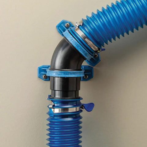 Dust Right Ready-Mount 2.5 Inch Vacuum Hose Fitting Brackets with interlocking teeth design and blue glass reinforced ABS plastic for dust collection.