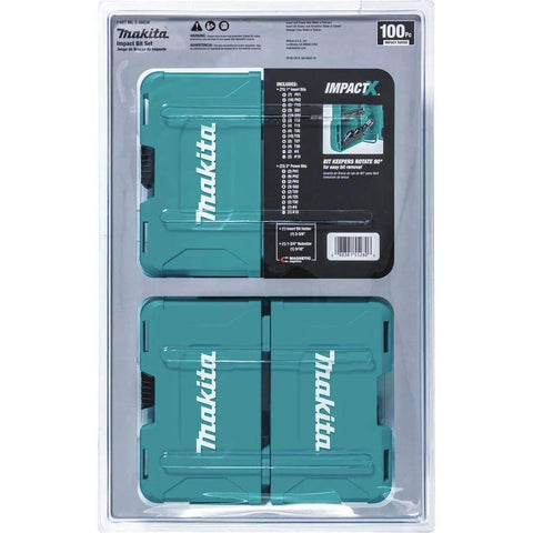 Makita ImpactX 100-Pc driver bit set in teal plastic case; three cases visible.
