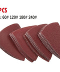 Get Your Projects Rock Solid With These 40PC 80mm Aluminum Triangle Sandpaper Discs That Fit Any 3-1/8in Oscillating Multi Tool For Heavy Duty Smoothing And Detail Work On Wood Or Plastic Surfaces With 60 To 240 Grit Options - 40 triangle sanding discs in varying grits.