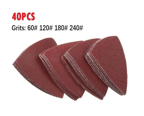 Get Your Projects Rock Solid With These 40PC 80mm Aluminum Triangle Sandpaper Discs That Fit Any 3-1/8in Oscillating Multi Tool For Heavy Duty Smoothing And Detail Work On Wood Or Plastic Surfaces With 60 To 240 Grit Options - 40 triangle sanding discs in varying grits.