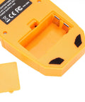Close-up of Jiawu Stud Finder LCD Display Electrician Wire Scanner in yellow, showcasing battery compartment and design details.