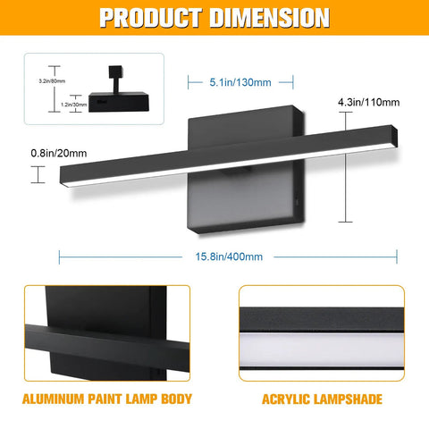 Dimensions of 15.7 Inch Black Dimmable LED Vanity Light Over Mirror With 12W Power And Five CCT Color Temperatures 2700K To 5000K