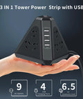 Hand holding Three Side Power Strip Tower with Nine Outlets and Four USB Ports Thirteen In One Surge Protector Six And A Half Foot Extension Cord