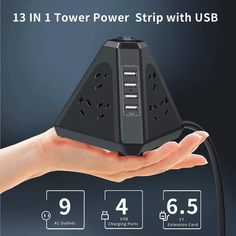 Hand holding Three Side Power Strip Tower with Nine Outlets and Four USB Ports Thirteen In One Surge Protector Six And A Half Foot Extension Cord