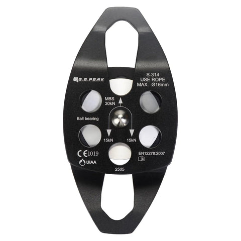 30kN Beefy Rescue Pulley Sheave With Swing Plate CE UIAA Certified, front view showing aluminum-magnesium alloy construction.