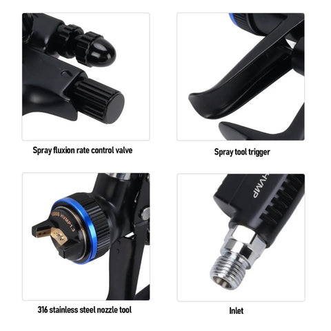 Pro Grade HVLP Paint Sprayer Gun With 600 ml Cup and 1.3 mm Nozzle components including spray trigger and stainless steel nozzle tool.