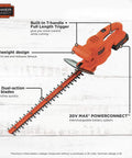 20V Max Hedge Trimmer Kit With 18 Inch Blade, Dual Action Hardened Steel Blades, Reduced Vibration, T Handle Design, PowerConnect Battery