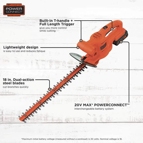 20V Max Hedge Trimmer Kit With 18 Inch Blade, Dual Action Hardened Steel Blades, Reduced Vibration, T Handle Design, PowerConnect Battery