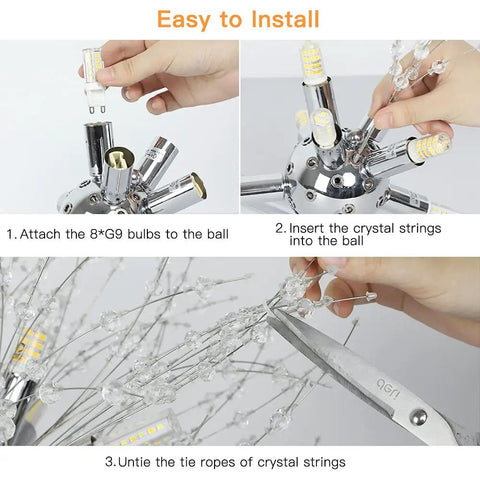 Installation of Modern Crystal Chandeliers Dandelion Firework Sputnik Pendant Lighting Eight Light Fixtures with G9 Bulbs Dimmable