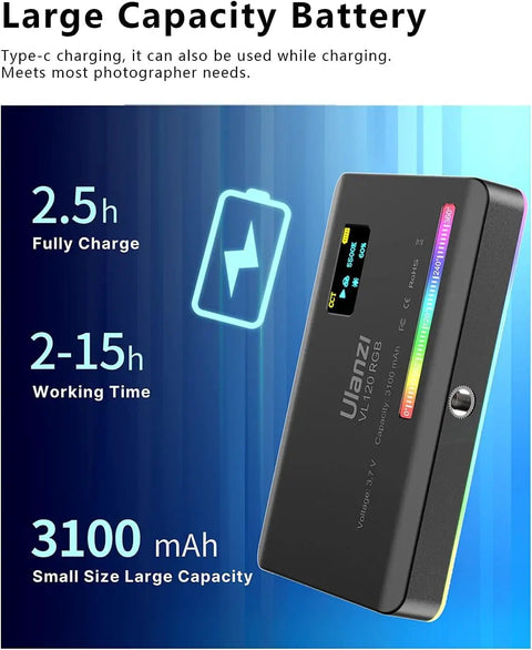 Pocket RGB Video Light With Built In 3100mAh Battery 360 Full Color Options And 20 Effects Bi Color To RGB LED Panel Display
