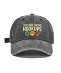 Things I Do In My Spare Time Funny RV Lover Travel Cap with 'Just Here for the Hookups' printed, front view