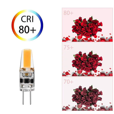G4 Bi Pin LED Bulb 2W Equal To 20W Warm White 3000K, CRI 80+ with flower images showing color rendering.