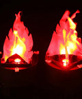 6 Pack 3D Hanging Campfire LED Lights Realistic Fake Fire Torches For Halloween Stage Props, two glowing red LED flame torches