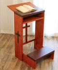 Solid Wood Prayer Kneeler Bench With Folding Table Top For Home Or Church, featuring padded kneeler shelf and cross design.