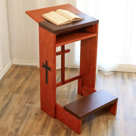 Solid Wood Prayer Kneeler Bench With Folding Table Top For Home Or Church, featuring padded kneeler shelf and cross design.