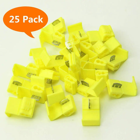 Easy Plug And Play Solderless Quick Splice Wire Connector Kit With Color Coded Clips For 22 To 18 Gauge 50 Red, 16 To 14 Gauge 50 Blue, 12 To 10 Gauge 25 Yellow Flame Retardant Insulated Copper Shell For Fast Safe Wiring yellow clips in a 25 pack