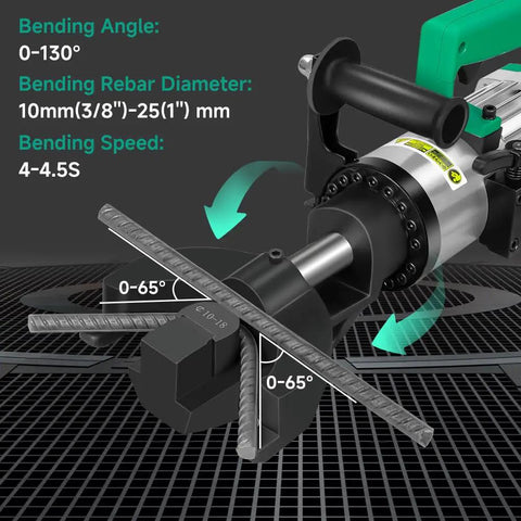 Hoteche 1500W Electric Rebar Bender 1 Inch Capacity Portable Steel Bar Bending Machine showing bending angle and speed settings.