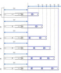 Diagram of Soft Close No Slam Drawer Slides Set, showing various lengths in cm and in, with side mount glides detail.