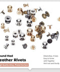 Pro-Level Gear 64 Set Metal Button Studs With Screwback Design In 4 Sick Colors Including Antique Bronze Gunmetal Platinum And Gold For Serious Diy Projects Jewelry Making Leather Work Heavy Duty Steel Hardware That Hits Different featuring assorted round metal rivets in antique bronze, gunmetal, platinum and gold finishes.