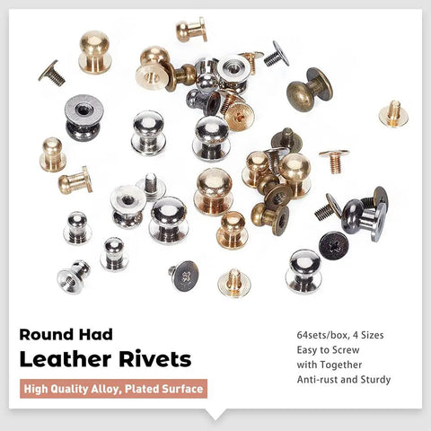 Pro-Level Gear 64 Set Metal Button Studs With Screwback Design In 4 Sick Colors Including Antique Bronze Gunmetal Platinum And Gold For Serious Diy Projects Jewelry Making Leather Work Heavy Duty Steel Hardware That Hits Different featuring assorted round metal rivets in antique bronze, gunmetal, platinum and gold finishes.