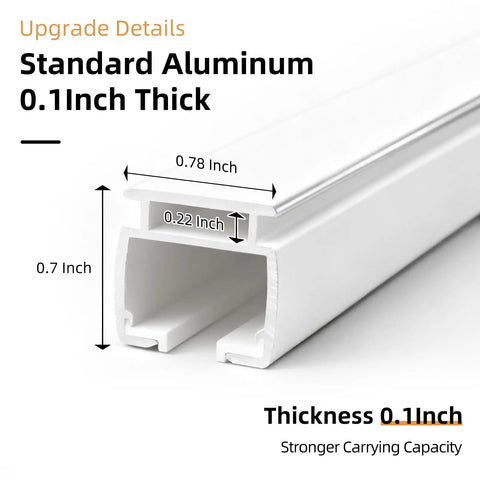 Heavy Duty White Curtain Track System For Ceiling Or Wall Mount With Thickened 6.89 Ft Rail And Hook Set, Ideal Room Divider For Living Room, Bedroom, Office, Or RV, Built To Be Durable, Rock Solid, And Long Lasting. White aluminum track cross-section, 0.11 in thick