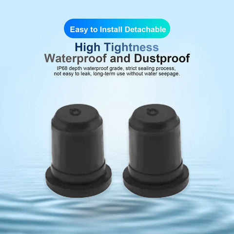 Front view of two black 12mm Rubber Stopper Seal Plug For Cable Gland Holes Black 18x15.5mm Insert Stopper, waterproof design.