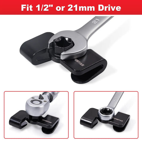 Wrench Extender Tool For One Half Inch Drive And Twenty One Millimeter Hex Drive Heat Treated Adjustable Adapter shown installed