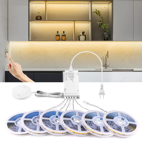 12V Modular COB LED Cabinet Light Strips with Touch Dimmer, 6 x 3.3ft, installed in kitchen cabinets, warm glow lighting