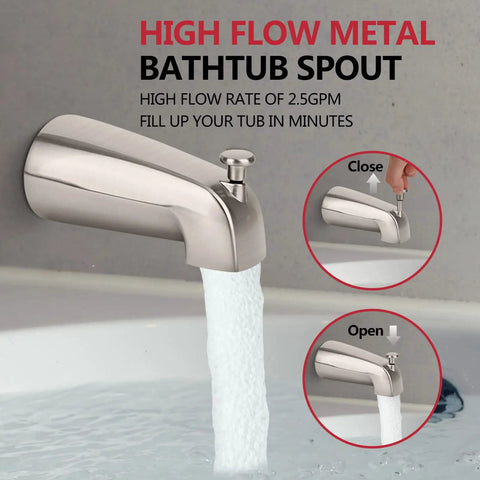 Tub Shower Faucet Set With Valve, high pressure all metal rain shower system with open and close views of spout.