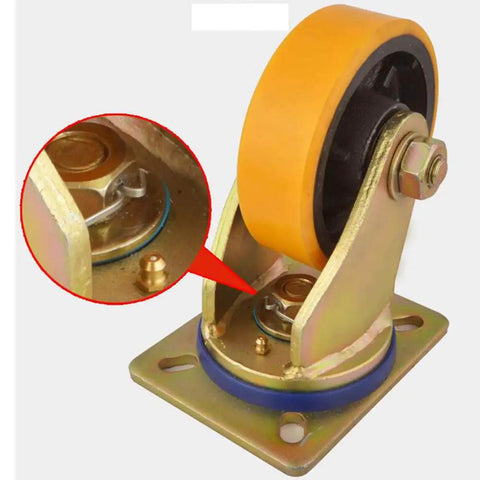 Top Shelf Heavy Duty Cast Iron Caster Wheels With Firm Locking Brakes showing detailed locking mechanism and polyurethane tread.