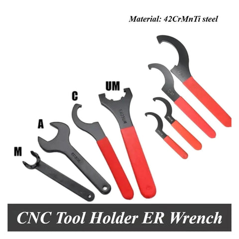 Rock Solid Heavy Duty ER Collet Wrench Set For Precision Machine Tools Includes Sizes ER8 To ER40 Plus ISO And APU Models With Black Oxide Finish For Serious Shop Vibes, featuring various sizes and red rubber grips.