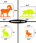 Range Ready Neon Color Steel Animal Silhouette Targets 4 Pack showing size of hare, boar, mountain sheep, and duck in inches.