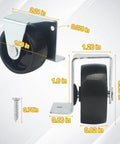 Side and front view of 2 Inch Low Profile Caster Wheels For Trundle Bed, Cabinet Roll Out Bed, And Drawer With Screws 4 Pack