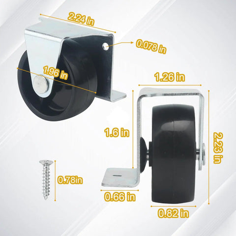 Side and front view of 2 Inch Low Profile Caster Wheels For Trundle Bed, Cabinet Roll Out Bed, And Drawer With Screws 4 Pack