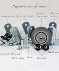 Exploded view of Heavy Duty Casters 4 Pack With Reliable Brakes Roll Like Butter Swivel And Fixed Wheels Quiet TPR Rubber.