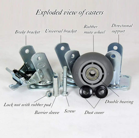 Exploded view of Heavy Duty Casters 4 Pack With Reliable Brakes Roll Like Butter Swivel And Fixed Wheels Quiet TPR Rubber.