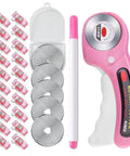 Pink Rotating Cutting Tool Set With Five Extra Blades And Pens Ergonomic Handle Tools With Safety Lock And Twenty Sewing Clips