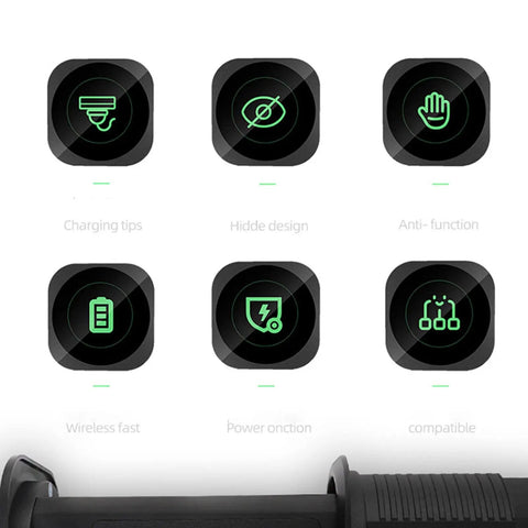 Icons showcasing features of Solid Build Automatic Pop Up Power Strip With Quick Wireless Charging Pad Waterproof Hidden Under Desk Surge Protector Plug And Play Outlet Block In Silver.