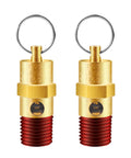 Two brass 1/4-inch NPT air compressor pressure relief valves with ring pull and red threaded ends