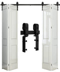 Beefed Up Heavy Duty Bi Folding Barn Door Sliding Track Kit For Four Doors 6 Foot 72 Inch Rails Frosted Black Finish Carbon Steel Hardware
