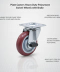Heavy Duty Polyurethane Plate Casters With Brakes For Industrial Carts And Equipment Replacement, Swivel Wheels Built To Roll On Rough Concrete