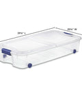 Two Pack 66 Quart Clear Underbed Storage Bins With Low Friction Wheels And Snap Tight Blue Latches stacked side view with measurements.